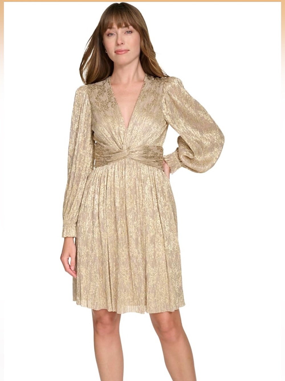 Gold Metallic Twist-Front Long Sleeve Dress